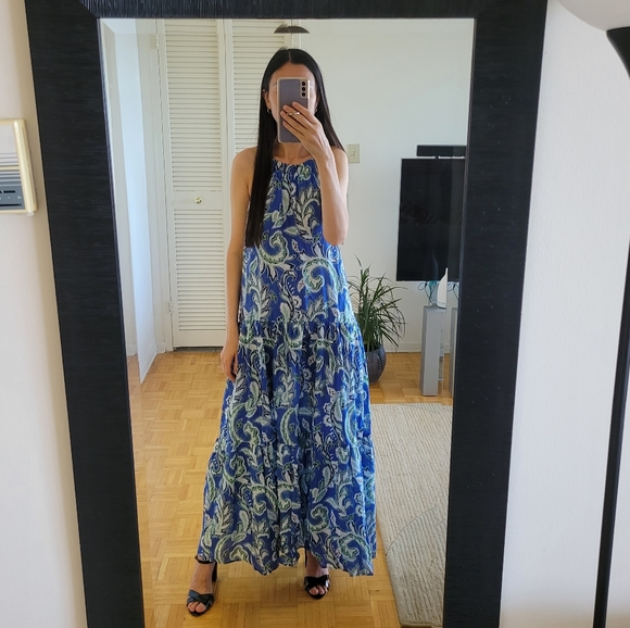 Zara Tiered Floral Print Blue White Cotton Dress Bloggers Favorite - Picture 4 of 16